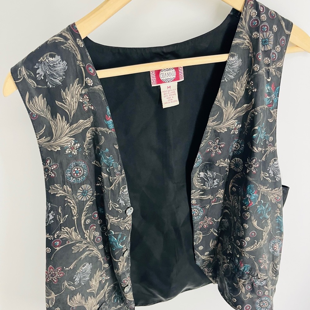 Vintage Chiamare Black Geometrical Womens 100% Silk Vest Size M
